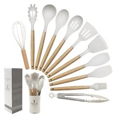 Silikoniniai virtuvės reikemenų įrankių rinkinys su medine rankena, 12 vnt., balti kaina ir informacija | Virtuvės įrankiai | pigu.lt