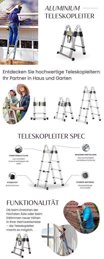 5 m aliuminio teleskopinės kopėčios StandHeiz maks. 150 kg 500 cm цена и информация | Buitinės kopėčios, rampos | pigu.lt