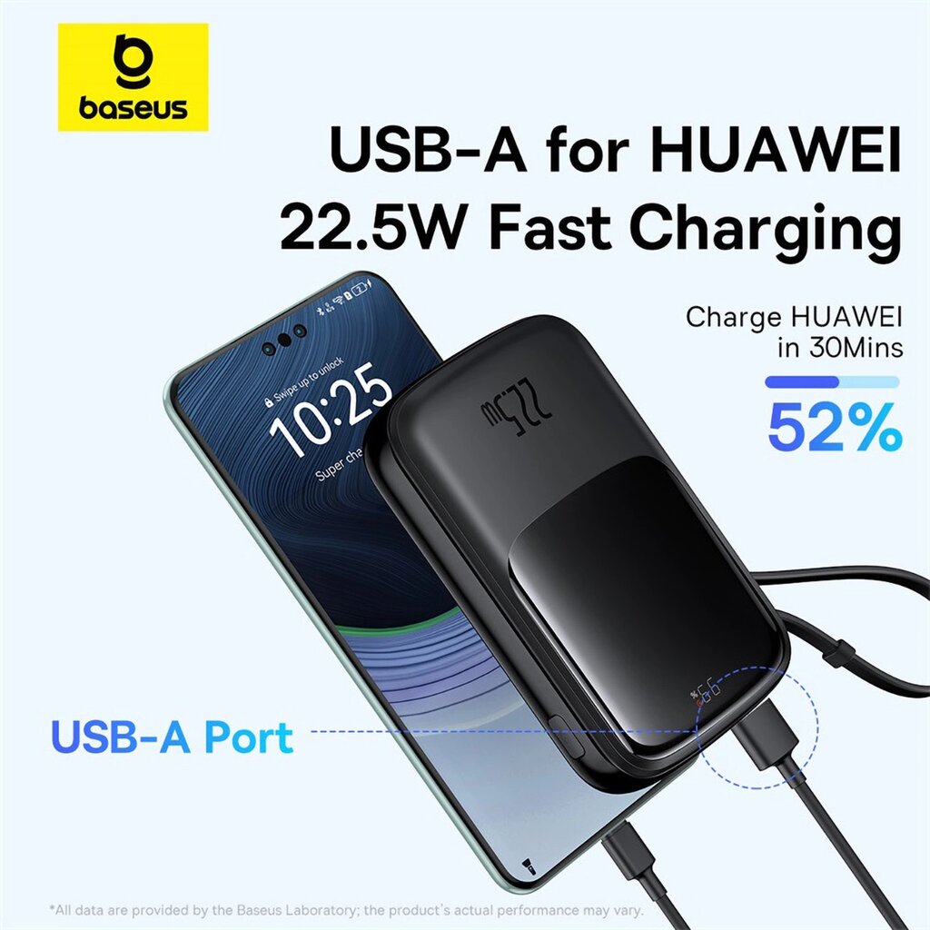 Внешний аккумулятор («Power bank») Baseus Qpow Pro+ 10000mAh 22.5W  powerbank with built-in USB-C cable and display - black цена | pigu.lt