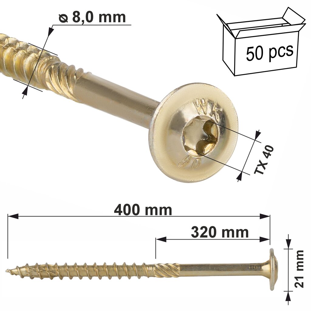 50 vnt. Staliaus varžtai medžiui 8x400 mm, plokščias, Torx, Klimas Wkcp 50 vnt. Staliaus varžtai medžiui 8x400 mm, plokščias, Torx, Klimas Wkcp цена и информация | Tvirtinimo detalės | pigu.lt