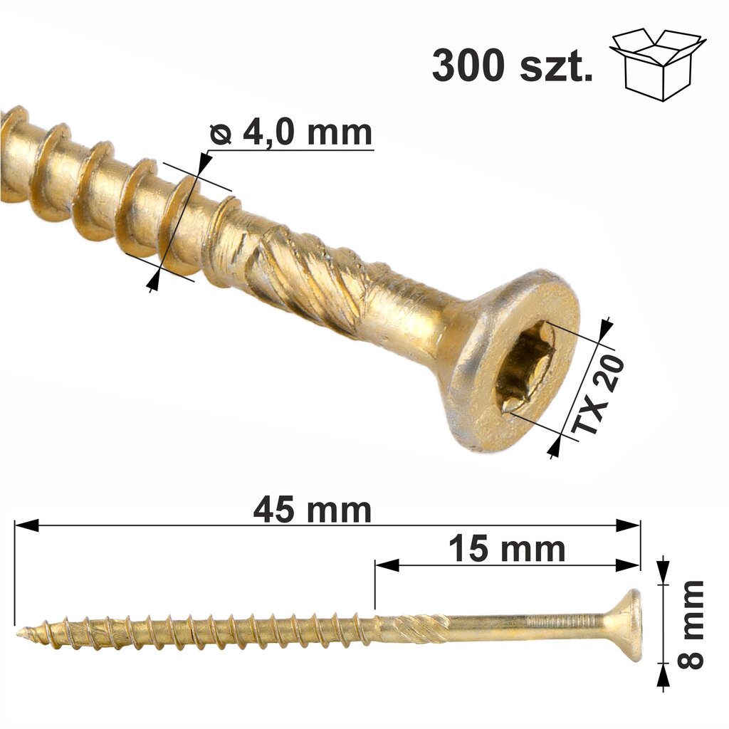 Medsraigčiai 4x45 mm, kūginiai, Torx, Klimas Wkcs 300 vnt. kaina ir informacija | Tvirtinimo detalės | pigu.lt