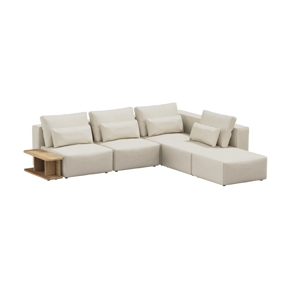 Kampinė sofa su šoniniu stalu, 290x265x85cm, smėlio spalvos kaina ir informacija | Sofos | pigu.lt