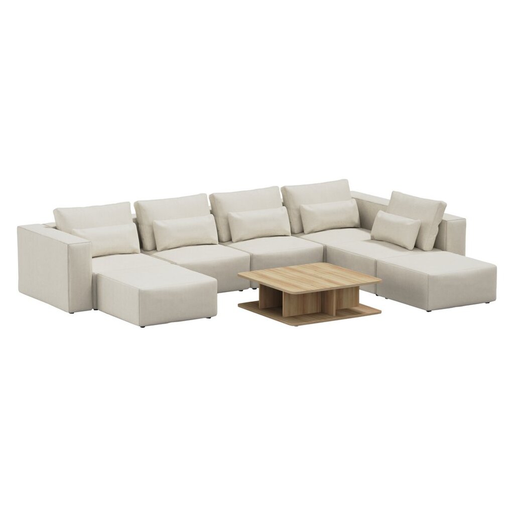 Kampinė sofa su kavos staliukais, 370x265x85cm, smėlio spalvos kaina ir informacija | Sofos | pigu.lt