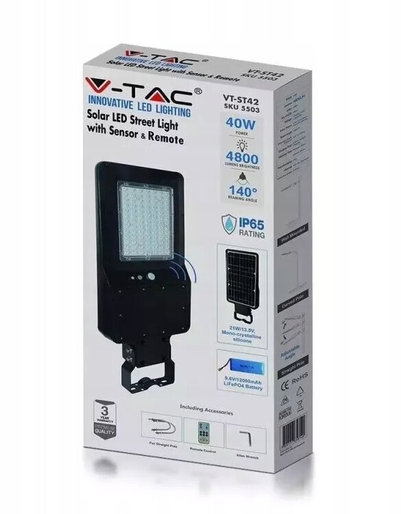 LED saulės gatvės šviestuvas V-Tac, 1 vnt. kaina ir informacija | Lauko šviestuvai | pigu.lt