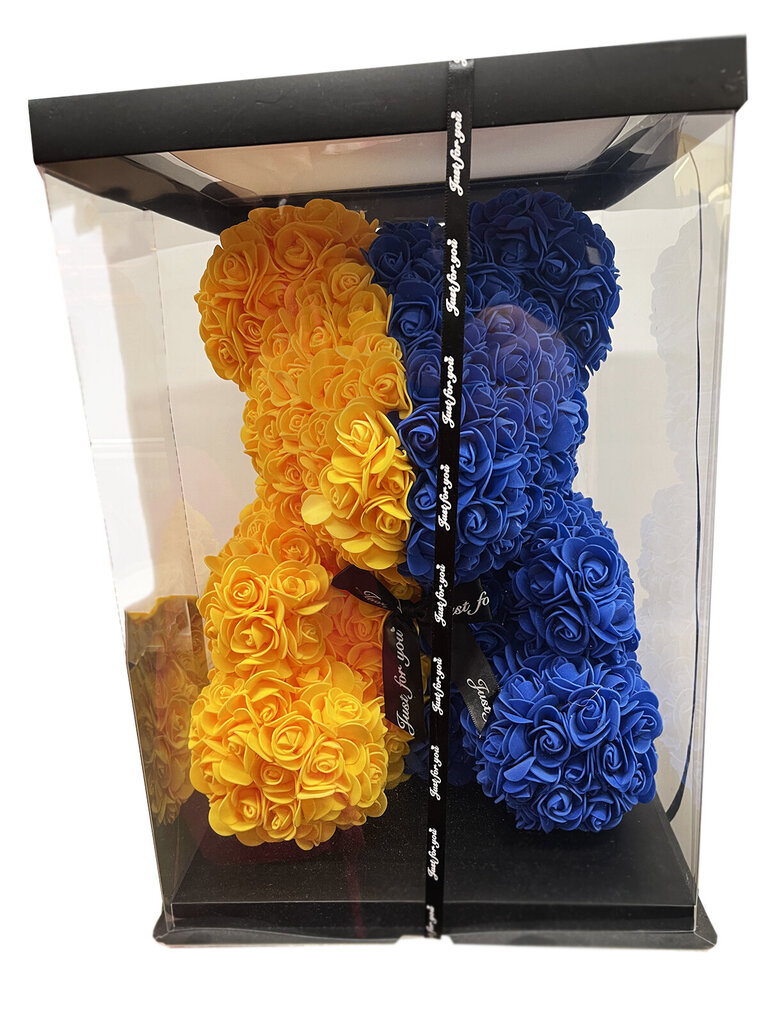 Meškiukas iš rožių, 40 cm, mėlynas/geltonas kaina ir informacija | Kitos originalios dovanos | pigu.lt