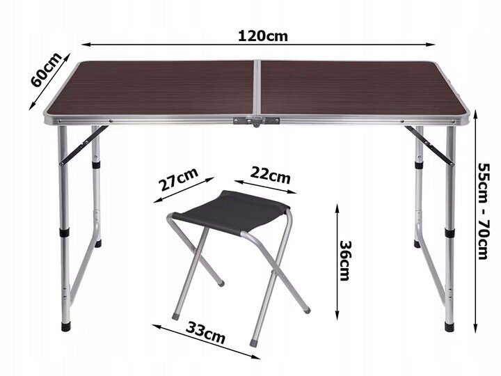 Turistinis stalas su 4 kėdėmis, 60x120x70 cm, rudas kaina ir informacija | Turistiniai baldai | pigu.lt