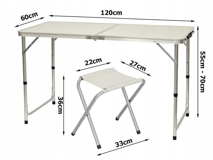Turistinis stalas su 4 kėdėmis, 60x120x70 cm, baltas kaina ir informacija | Turistiniai baldai | pigu.lt
