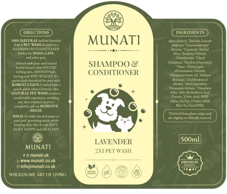 Šampūnas ir kondicionierius Munati 2-in-1, levandų kvapo, 500 ml цена и информация | Kosmetinės priemonės gyvūnams | pigu.lt