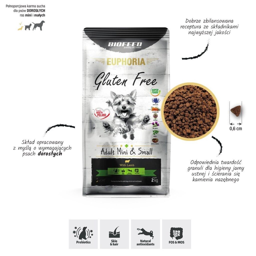 Biofeed Euphoria Gluten Free Adult Mini&Small su ėriena, 12 kg kaina ir informacija | Sausas maistas šunims | pigu.lt