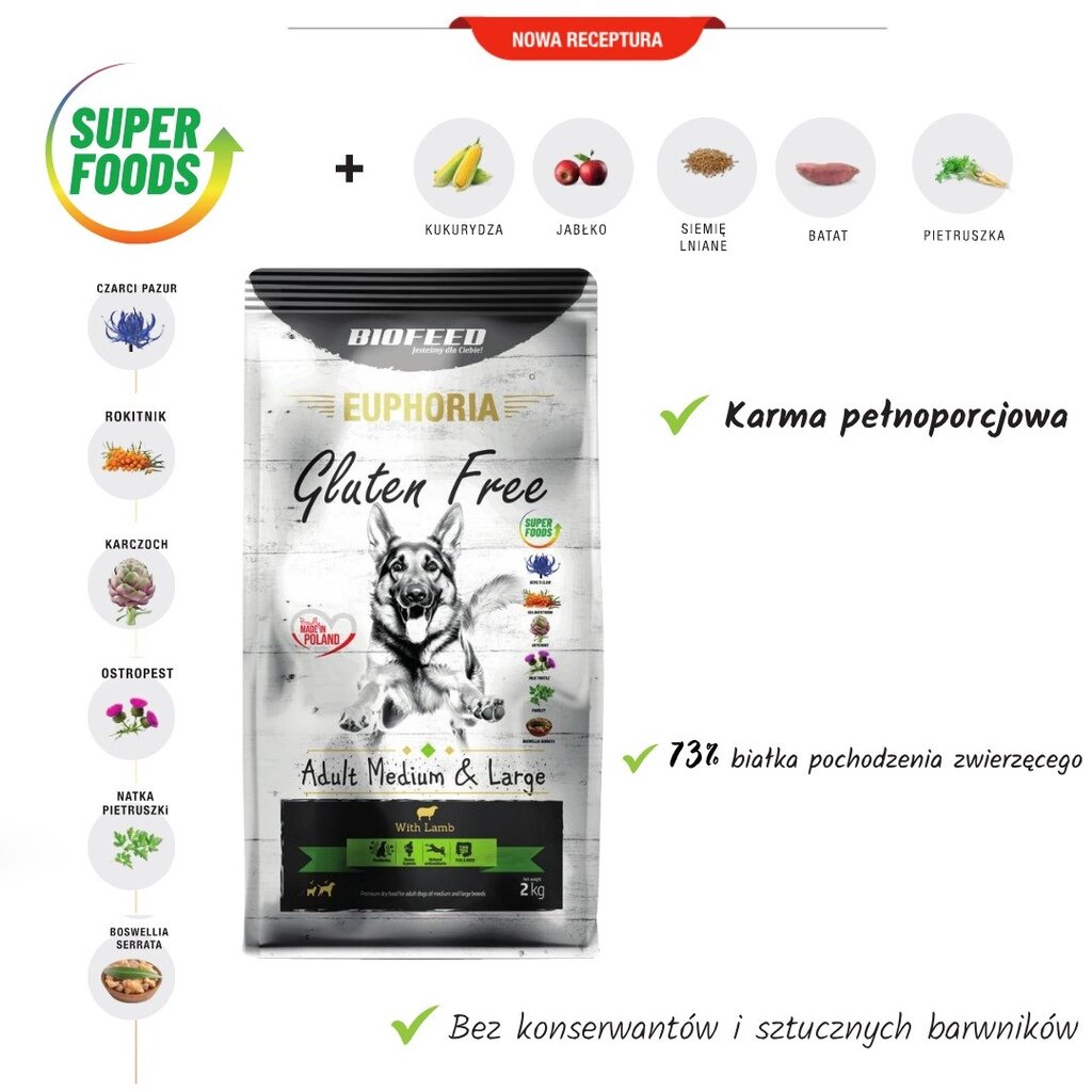 Biofeed Euphoria Gluten Free suaugusiems didelių ir vidutinių veislių šunims su ėriena, 12 kg kaina ir informacija | Sausas maistas šunims | pigu.lt