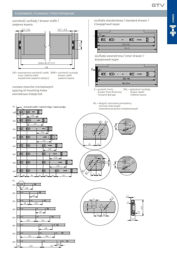 Guoliniai stalčių bėgeliai GTV, 45x250 mm, pilki, 1 pora цена и информация | Stalčiai, patalynės dėžės | pigu.lt