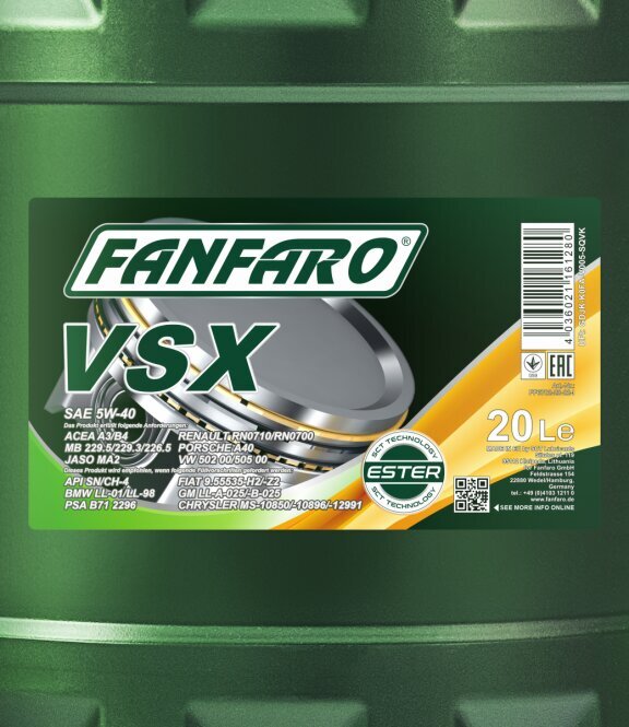 Fanfaro VSX 5W-40 variklio alyva, 20L цена и информация | Variklinės alyvos | pigu.lt