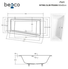 Vonia Besco Intima Slim, 160x90 cm, dešininė kaina ir informacija | Vonios | pigu.lt