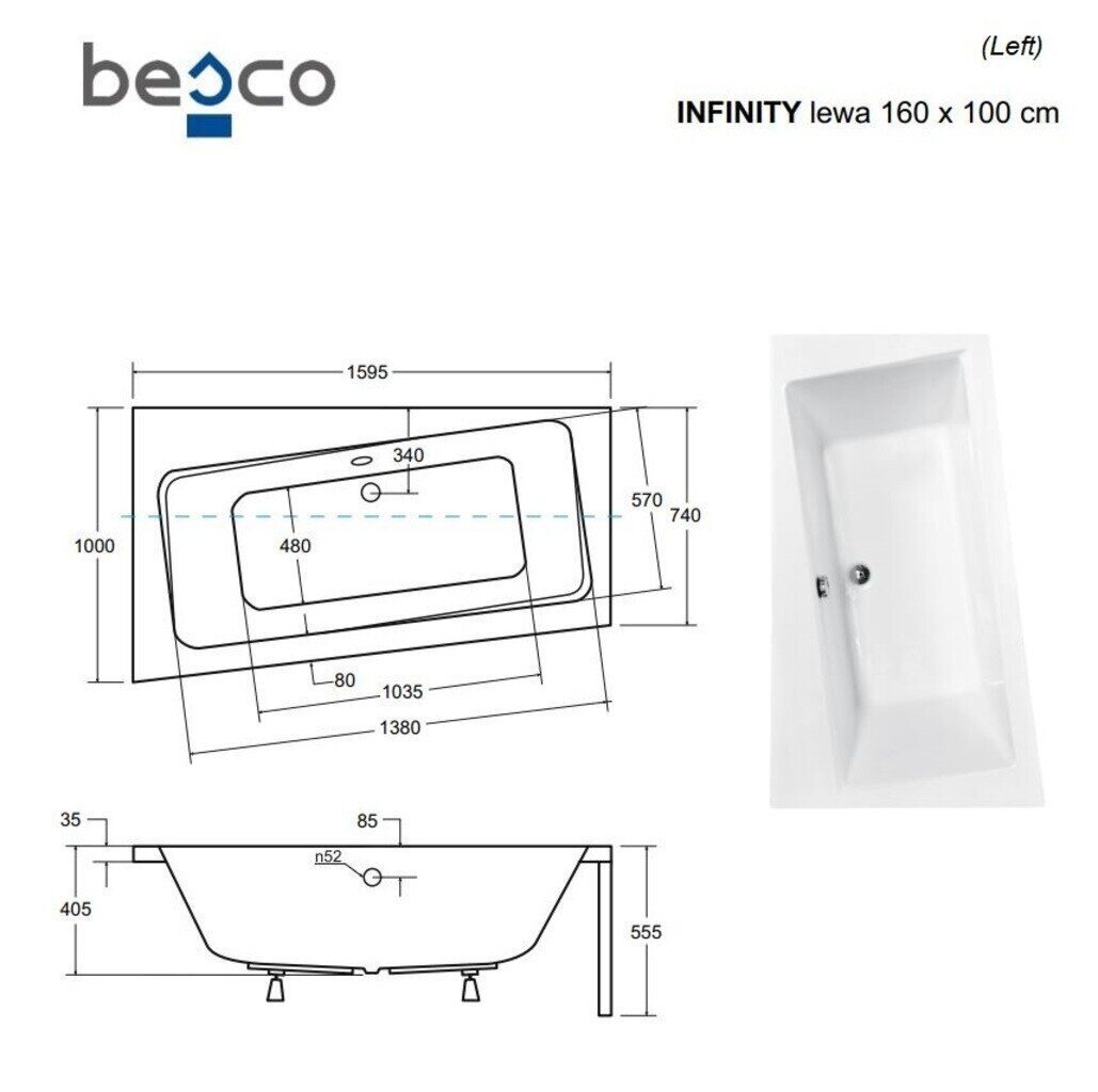 Vonia Besco Infinity, 160x100 cm, kairinė kaina ir informacija | Vonios | pigu.lt