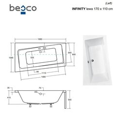 Ванна Besco Infinity с отделкой, 170x110 см, левосторонняя, с черной отделкой цена и информация | Ванны | pigu.lt