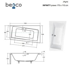 Ванна Besco Infinity с отделкой, 170x110 см, правосторонняя цена и информация | Ванны | pigu.lt