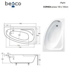 Vonia Besco Cornea Comfort su apdaila, 150x100 cm, dešininė kaina ir informacija | Vonios | pigu.lt