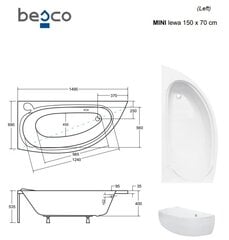 Vonia Besco Mini, 150 x 70 cm, kairinė цена и информация | Ванны | pigu.lt