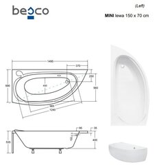 Vonia Besco Mini, 150 x 70 cm, kairinė, su juoda apdaila цена и информация | Ванны | pigu.lt