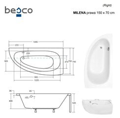 Vonia Besco Milena Premium, 150 x 70 cm, dešininė, su rankenėlėmis ir pagalvėle цена и информация | Ванны | pigu.lt