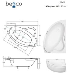 Ванна Besco Ada с отделкой, 140x90 см, правосторонняя цена и информация | Для ванны | pigu.lt