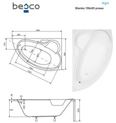 Vonia Besco Bianka, 150x95 cm, dešininė kaina ir informacija | Vonios | pigu.lt