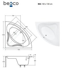 Vonia Besco Mia, 130x130 cm kaina ir informacija | Vonios | pigu.lt