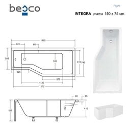 Vonia Besco Integra, 150x75 cm, dešininė kaina ir informacija | Vonios | pigu.lt