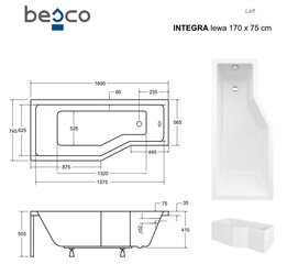 Vonia Besco Integra, 170x75 cm, kairinė kaina ir informacija | Vonios | pigu.lt