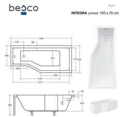 Vonia Besco Integra su apdaila, 150x75 cm, dešininė kaina ir informacija | Vonios | pigu.lt