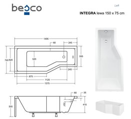 Vonia Besco Integra su stiklo sienele, 150x75 cm, kairinė kaina ir informacija | Vonios | pigu.lt