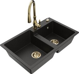 Granitinė virtuvinė plautuvė Mexen Tomas su maišytuvu ir sifonu, Metallic black/gold+Gold цена и информация | Раковины на кухню | pigu.lt