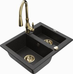 Granitinė virtuvinė plautuvė Mexen Carlos su maišytuvu ir sifonu, Metallic black/Silver/Gold kaina ir informacija | Virtuvinės plautuvės | pigu.lt