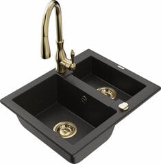 Granitinė virtuvinė plautuvė Mexen Carlos su maišytuvu ir sifonu, Metallic black/Gold kaina ir informacija | Virtuvinės plautuvės | pigu.lt