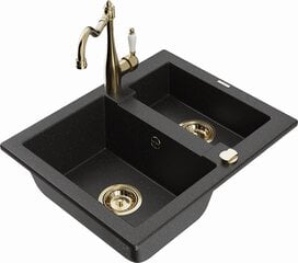 Granitinė virtuvinė plautuvė Mexen Carlos su maišytuvu ir sifonu, Metallic black/Silver/Gold kaina ir informacija | Virtuvės kriauklės | pigu.lt