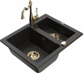 Granitinė virtuvinė plautuvė Mexen Carlos su maišytuvu ir sifonu, Metallic black/gold+Gold kaina ir informacija | Virtuvinės plautuvės | pigu.lt