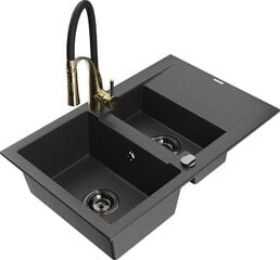 Granitinė virtuvinė plautuvė Mexen Gaspar su maišytuvu ir sifonu, Black granite/Black/Gold kaina ir informacija | Virtuvinės plautuvės | pigu.lt