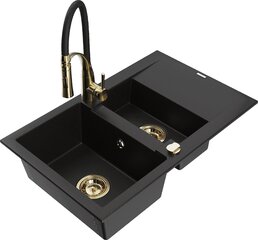 Granitinė virtuvinė plautuvė Mexen Gaspar su maišytuvu ir sifonu, Black/Black/Gold kaina ir informacija | Virtuvinės plautuvės | pigu.lt