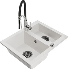 Granitinė virtuvinė plautuvė Mexen Carlos su maišytuvu ir sifonu, White/Black/Chrome kaina ir informacija | Virtuvinės plautuvės | pigu.lt