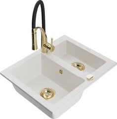 Granitinė virtuvinė plautuvė Mexen Carlos su maišytuvu ir sifonu, White/Black/Gold kaina ir informacija | Virtuvinės plautuvės | pigu.lt