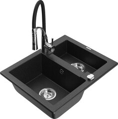 Granitinė virtuvinė plautuvė Mexen Carlos su maišytuvu ir sifonu, Metallic black/silver/black/Chrome kaina ir informacija | Virtuvinės plautuvės | pigu.lt