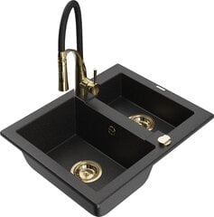 Granitinė virtuvinė plautuvė Mexen Carlos su maišytuvu ir sifonu, Metallic black/Silver/Black/Gold kaina ir informacija | Virtuvinės plautuvės | pigu.lt