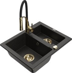 Granitinė virtuvinė plautuvė Mexen Carlos su maišytuvu ir sifonu, Metallic black/black/gold kaina ir informacija | Virtuvinės plautuvės | pigu.lt