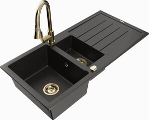 Granitinė virtuvinė plautuvė Mexen Andres su maišytuvu ir sifonu, Metallic black/gold kaina ir informacija | Virtuvinės plautuvės | pigu.lt