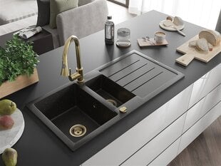 Granitinė virtuvinė plautuvė Mexen Andres su maišytuvu ir sifonu, Metallic black/gold kaina ir informacija | Virtuvinės plautuvės | pigu.lt