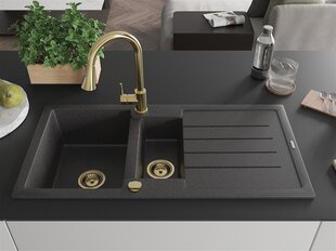 Granitinė virtuvinė plautuvė Mexen Andres su maišytuvu ir sifonu, Black granite/Gold kaina ir informacija | Virtuvinės plautuvės | pigu.lt