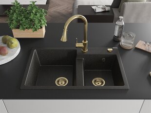 Granitinė virtuvinė plautuvė Mexen Tomas su maišytuvu ir sifonu, Metallic black/gold/Gold kaina ir informacija | Virtuvinės plautuvės | pigu.lt