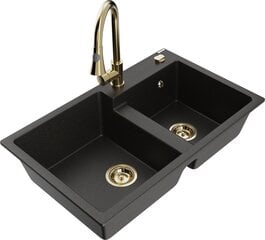 Granitinė virtuvinė plautuvė Mexen Tomas su maišytuvu ir sifonu, Metallic black/gold+Gold цена и информация | Раковины на кухню | pigu.lt