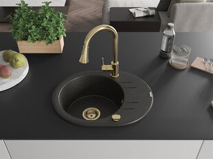 Granitinė virtuvinė plautuvė Mexen Kevin su maišytuvu ir sifonu, Metallic black/gold/Gold kaina ir informacija | Virtuvinės plautuvės | pigu.lt