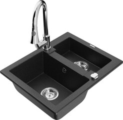 Granitinė virtuvinė plautuvė Mexen Carlos su maišytuvu ir sifonu, Metallic black/Silver/Chrome kaina ir informacija | Virtuvinės plautuvės | pigu.lt